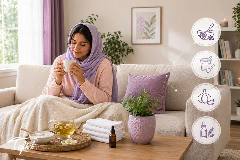 زن جوان با لیوان دمنوش در خانه؛ مراقبت خانگی از عفونت واژن
