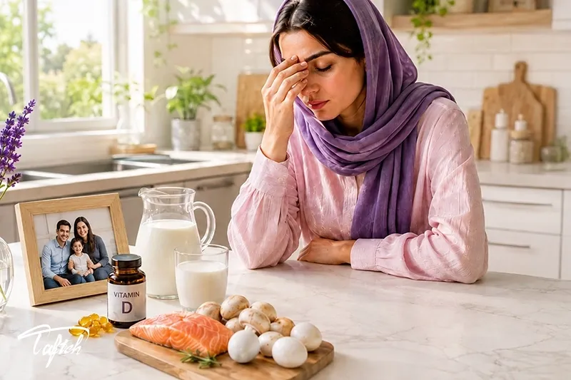 زن خسته با سردرد کنار غذاهای سرشار از ویتامین D