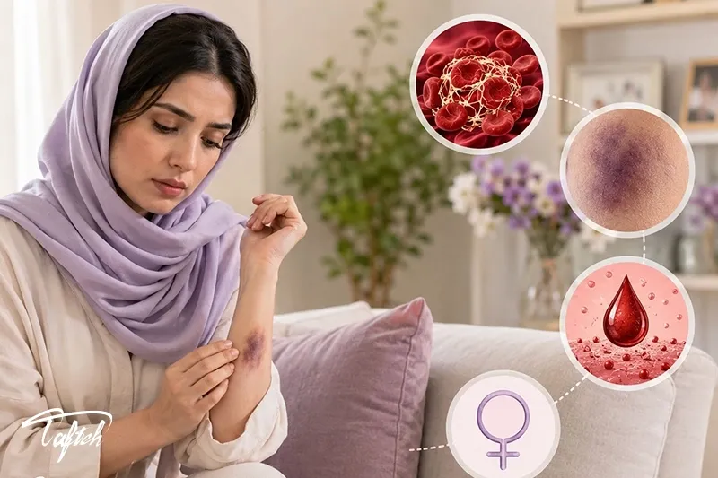 زن جوان متفکر با نمادهای خون و سلول؛ بیماری هموفیلی در زنان